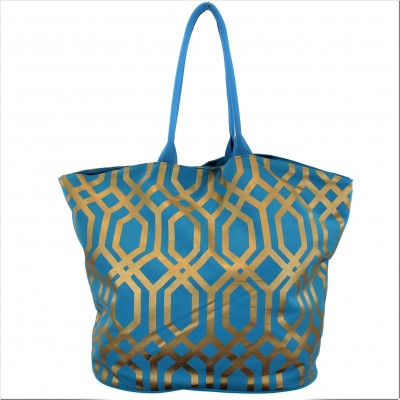 9200 -TURQUOISE & GOLD TRELLIS DESIGN CANVAS TOTE BAG